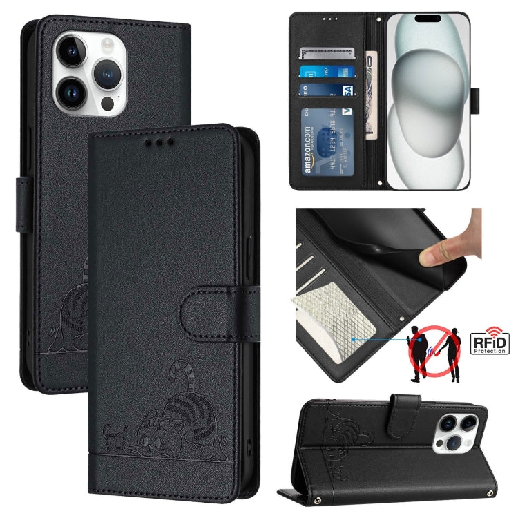 Capa de telemóvel em pele com padrão em relevo de gato e rato e RFID com cordão, para iPhone 17 Pro Max, para iPhone 17 Pro, para iPhone 17, para iPhone Air, para iPhone SE 2024, para iPhone 15 Pro Max, para iPhone 15 Pro, para iPhone 15 Plus