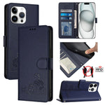 Capa de telemóvel em pele com padrão em relevo de gato e rato e RFID com cordão, para iPhone 17 Pro Max, para iPhone 17 Pro, para iPhone 17, para iPhone Air, para iPhone SE 2024, para iPhone 15 Pro Max, para iPhone 15 Pro, para iPhone 15 Plus