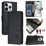 Capa de telemóvel em pele com padrão em relevo de gato e rato e RFID com cordão, para iPhone 17 Pro Max, para iPhone 17 Pro, para iPhone 17, para iPhone Air, para iPhone SE 2024, para iPhone 15 Pro Max, para iPhone 15 Pro, para iPhone 15 Plus