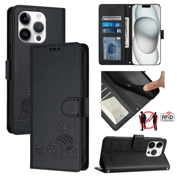 Capa de telemóvel em pele com padrão em relevo de gato e rato e RFID com cordão, para iPhone 17 Pro Max, para iPhone 17 Pro, para iPhone 17, para iPhone Air, para iPhone SE 2024, para iPhone 15 Pro Max, para iPhone 15 Pro, para iPhone 15 Plus