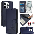 Capa de telemóvel em pele com padrão em relevo de gato e rato e RFID com cordão, para iPhone 17 Pro Max, para iPhone 17 Pro, para iPhone 17, para iPhone Air, para iPhone SE 2024, para iPhone 15 Pro Max, para iPhone 15 Pro, para iPhone 15 Plus