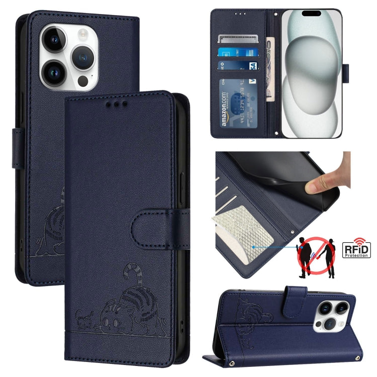 Capa de telemóvel em pele com padrão em relevo de gato e rato e RFID com cordão, para iPhone 17 Pro Max, para iPhone 17 Pro, para iPhone 17, para iPhone Air, para iPhone SE 2024, para iPhone 15 Pro Max, para iPhone 15 Pro, para iPhone 15 Plus