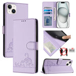 Capa de telemóvel em pele com padrão em relevo de gato e rato e RFID com cordão, para iPhone 17 Pro Max, para iPhone 17 Pro, para iPhone 17, para iPhone Air, para iPhone SE 2024, para iPhone 15 Pro Max, para iPhone 15 Pro, para iPhone 15 Plus