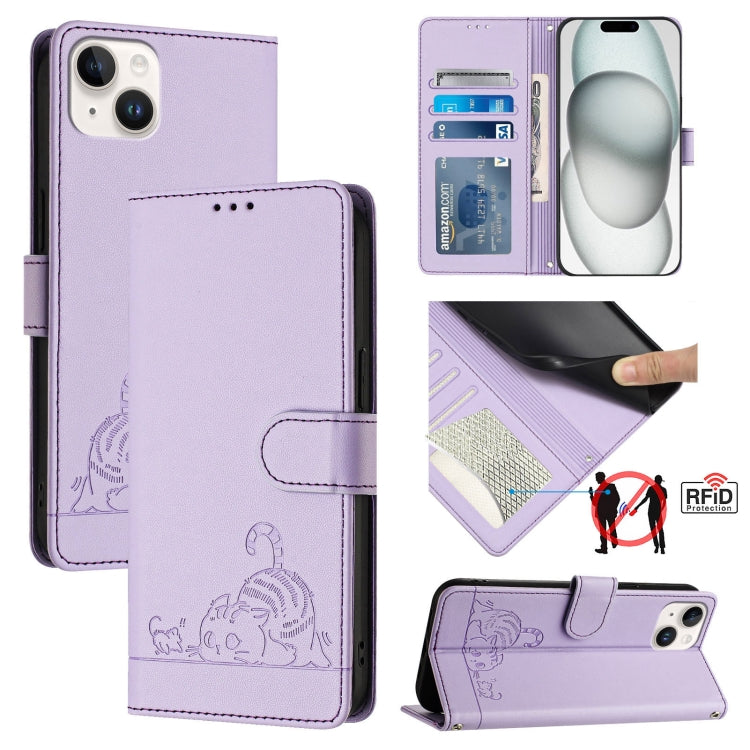 Capa de telemóvel em pele com padrão em relevo de gato e rato e RFID com cordão, para iPhone 17 Pro Max, para iPhone 17 Pro, para iPhone 17, para iPhone Air, para iPhone SE 2024, para iPhone 15 Pro Max, para iPhone 15 Pro, para iPhone 15 Plus