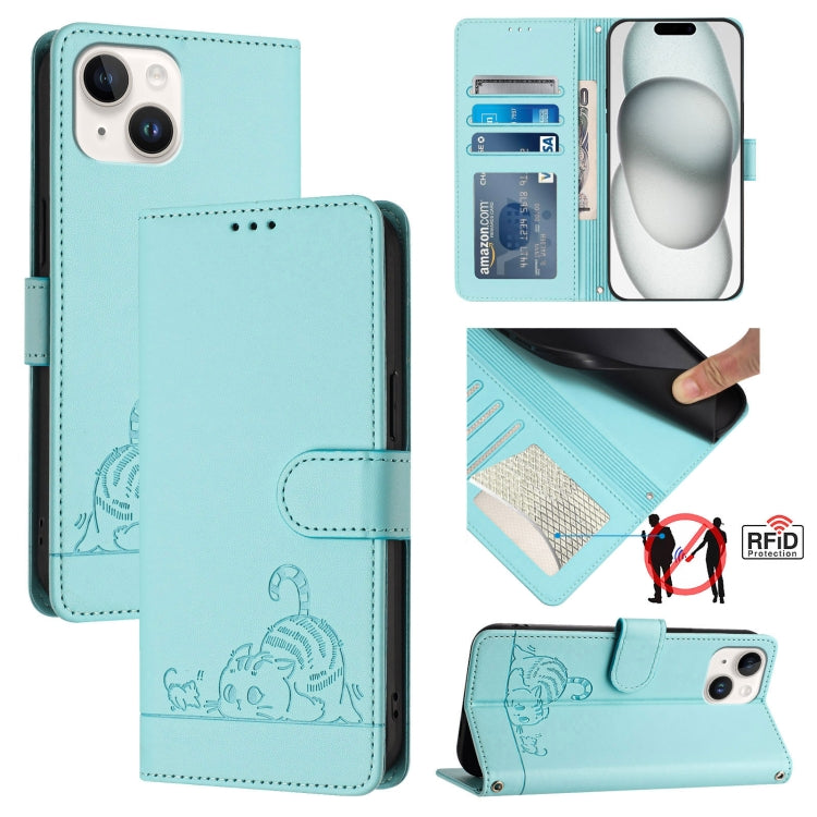 Estojo de Telefone em Couro com Padrão Relevo de Gato e Rato e RFID com Cordão, Para iPhone 13 mini, Para iPhone 12/12 Pro, Para iPhone 12 Pro Max, Para iPhone 12 mini, Para iPhone 11 Pro Max, Para iPhone 11, Para iPhone 11 Pro, Para iPhone XS / X