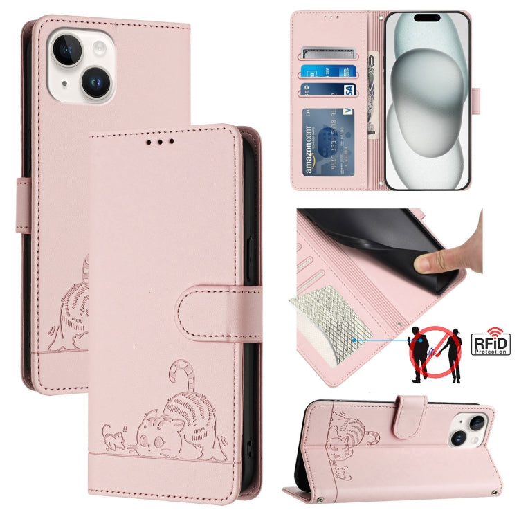 Estojo de Telefone em Couro com Padrão Relevo de Gato e Rato e RFID com Cordão, Para iPhone 13 mini, Para iPhone 12/12 Pro, Para iPhone 12 Pro Max, Para iPhone 12 mini, Para iPhone 11 Pro Max, Para iPhone 11, Para iPhone 11 Pro, Para iPhone XS / X