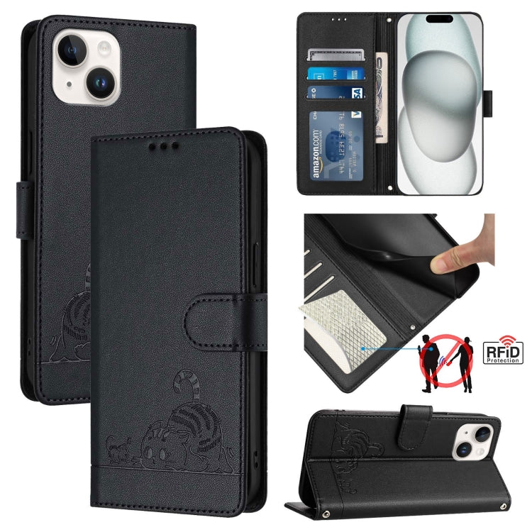 Estojo de Telefone em Couro com Padrão Relevo de Gato e Rato e RFID com Cordão, Para iPhone 13 mini, Para iPhone 12/12 Pro, Para iPhone 12 Pro Max, Para iPhone 12 mini, Para iPhone 11 Pro Max, Para iPhone 11, Para iPhone 11 Pro, Para iPhone XS / X