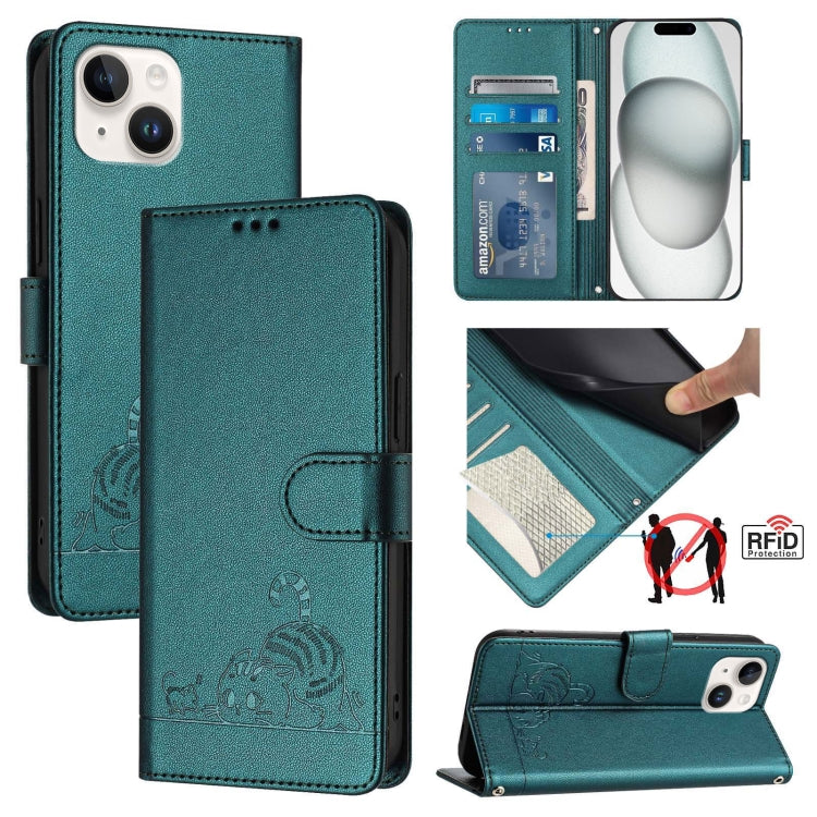 Estojo de Telefone em Couro com Padrão Relevo de Gato e Rato e RFID com Cordão, Para iPhone 13 mini, Para iPhone 12/12 Pro, Para iPhone 12 Pro Max, Para iPhone 12 mini, Para iPhone 11 Pro Max, Para iPhone 11, Para iPhone 11 Pro, Para iPhone XS / X