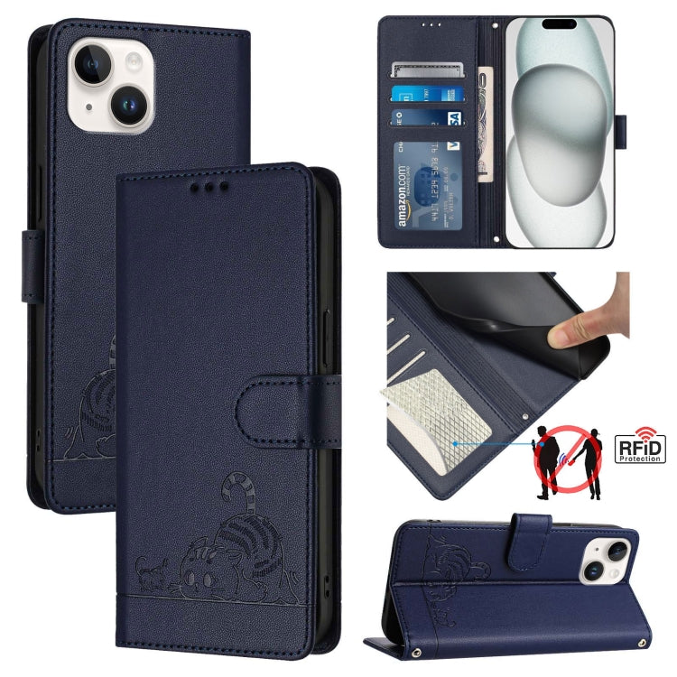 Estojo de Telefone em Couro com Padrão Relevo de Gato e Rato e RFID com Cordão, Para iPhone 13 mini, Para iPhone 12/12 Pro, Para iPhone 12 Pro Max, Para iPhone 12 mini, Para iPhone 11 Pro Max, Para iPhone 11, Para iPhone 11 Pro, Para iPhone XS / X