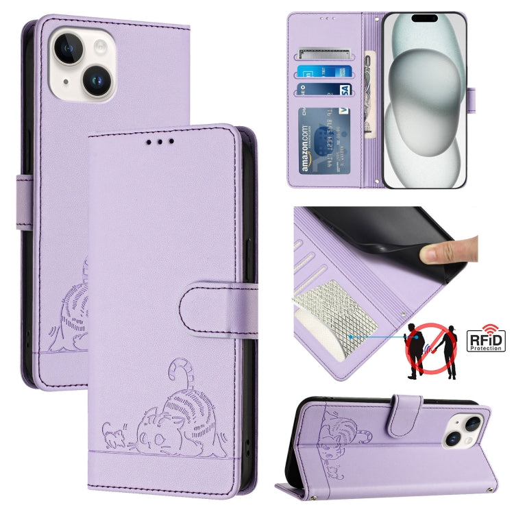 Estojo de Telefone em Couro com Padrão Relevo de Gato e Rato e RFID com Cordão, Para iPhone 13 mini, Para iPhone 12/12 Pro, Para iPhone 12 Pro Max, Para iPhone 12 mini, Para iPhone 11 Pro Max, Para iPhone 11, Para iPhone 11 Pro, Para iPhone XS / X