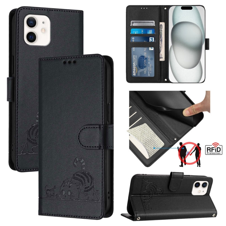 Estojo de Telefone em Couro com Padrão Relevo de Gato e Rato e RFID com Cordão, Para iPhone 13 mini, Para iPhone 12/12 Pro, Para iPhone 12 Pro Max, Para iPhone 12 mini, Para iPhone 11 Pro Max, Para iPhone 11, Para iPhone 11 Pro, Para iPhone XS / X