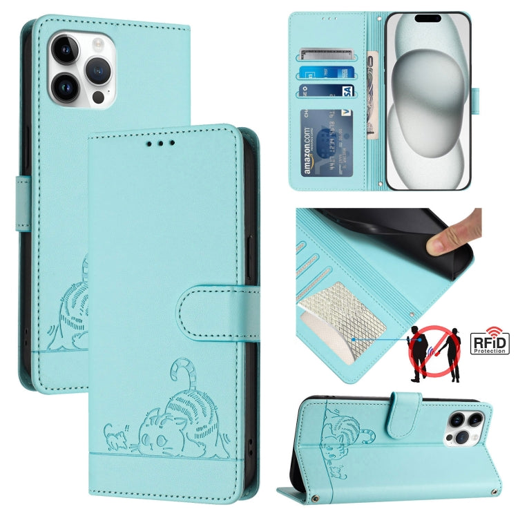 Estojo de Telefone em Couro com Padrão Relevo de Gato e Rato e RFID com Cordão, Para iPhone 13 mini, Para iPhone 12/12 Pro, Para iPhone 12 Pro Max, Para iPhone 12 mini, Para iPhone 11 Pro Max, Para iPhone 11, Para iPhone 11 Pro, Para iPhone XS / X