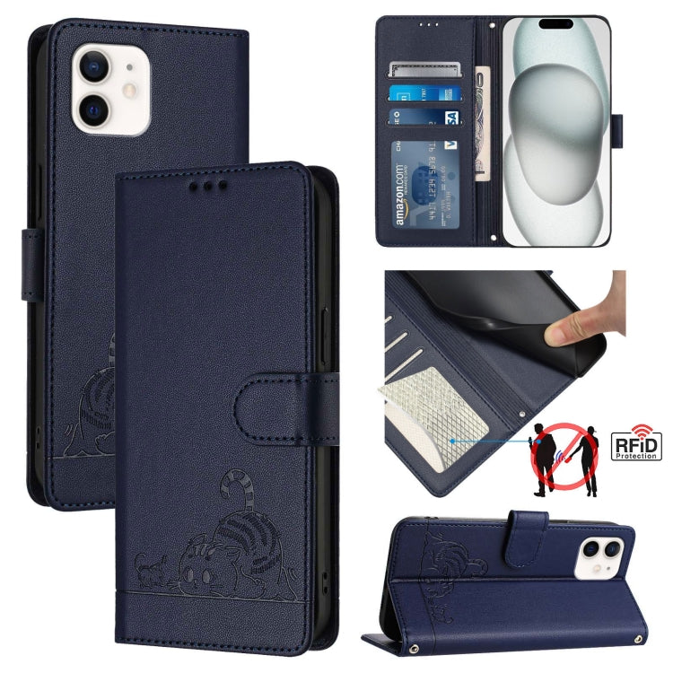 Estojo de Telefone em Couro com Padrão Relevo de Gato e Rato e RFID com Cordão, Para iPhone 13 mini, Para iPhone 12/12 Pro, Para iPhone 12 Pro Max, Para iPhone 12 mini, Para iPhone 11 Pro Max, Para iPhone 11, Para iPhone 11 Pro, Para iPhone XS / X
