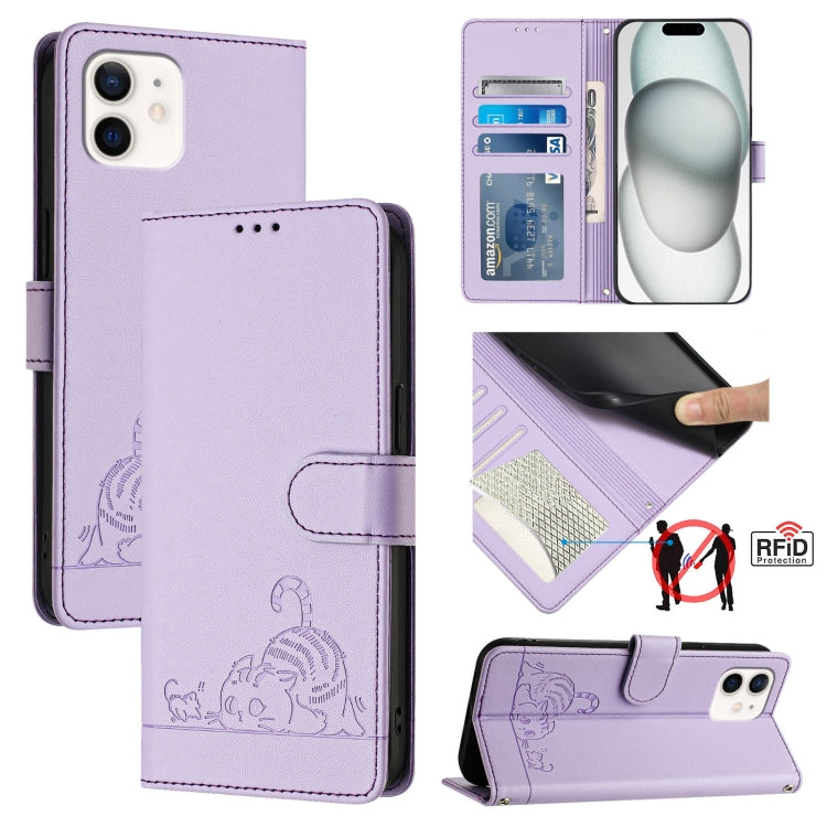 Estojo de Telefone em Couro com Padrão Relevo de Gato e Rato e RFID com Cordão, Para iPhone 13 mini, Para iPhone 12/12 Pro, Para iPhone 12 Pro Max, Para iPhone 12 mini, Para iPhone 11 Pro Max, Para iPhone 11, Para iPhone 11 Pro, Para iPhone XS / X