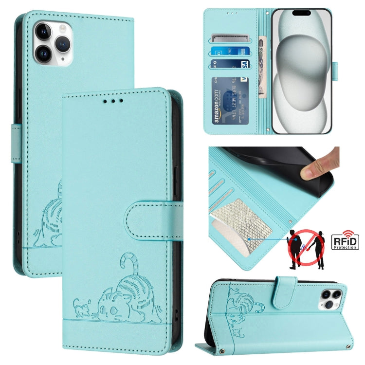 Estojo de Telefone em Couro com Padrão Relevo de Gato e Rato e RFID com Cordão, Para iPhone 13 mini, Para iPhone 12/12 Pro, Para iPhone 12 Pro Max, Para iPhone 12 mini, Para iPhone 11 Pro Max, Para iPhone 11, Para iPhone 11 Pro, Para iPhone XS / X