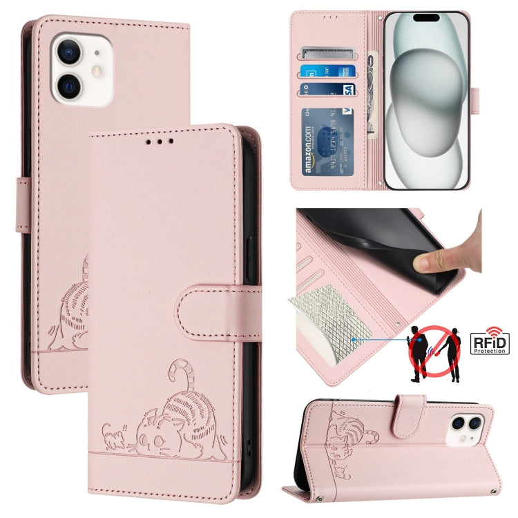 Estojo de Telefone em Couro com Padrão Relevo de Gato e Rato e RFID com Cordão, Para iPhone 13 mini, Para iPhone 12/12 Pro, Para iPhone 12 Pro Max, Para iPhone 12 mini, Para iPhone 11 Pro Max, Para iPhone 11, Para iPhone 11 Pro, Para iPhone XS / X