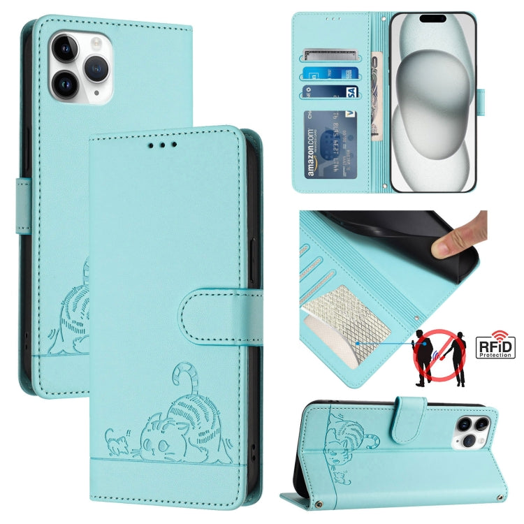 Estojo de Telefone em Couro com Padrão Relevo de Gato e Rato e RFID com Cordão, Para iPhone 13 mini, Para iPhone 12/12 Pro, Para iPhone 12 Pro Max, Para iPhone 12 mini, Para iPhone 11 Pro Max, Para iPhone 11, Para iPhone 11 Pro, Para iPhone XS / X