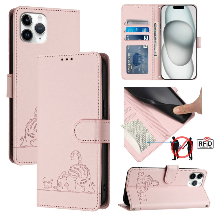 Estojo de Telefone em Couro com Padrão Relevo de Gato e Rato e RFID com Cordão, Para iPhone 13 mini, Para iPhone 12/12 Pro, Para iPhone 12 Pro Max, Para iPhone 12 mini, Para iPhone 11 Pro Max, Para iPhone 11, Para iPhone 11 Pro, Para iPhone XS / X
