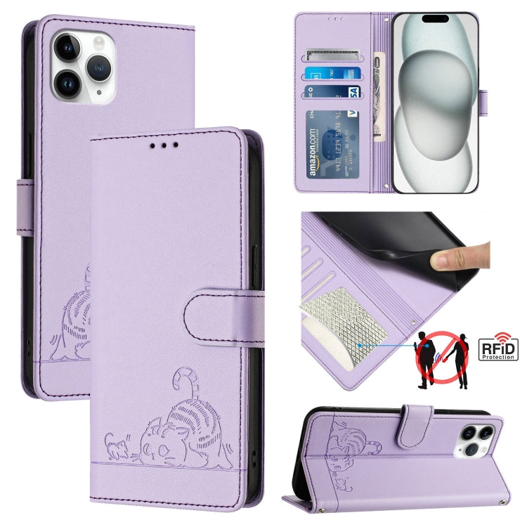 Estojo de Telefone em Couro com Padrão Relevo de Gato e Rato e RFID com Cordão, Para iPhone 13 mini, Para iPhone 12/12 Pro, Para iPhone 12 Pro Max, Para iPhone 12 mini, Para iPhone 11 Pro Max, Para iPhone 11, Para iPhone 11 Pro, Para iPhone XS / X