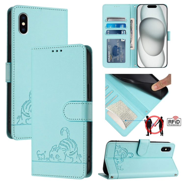 Estojo de Telefone em Couro com Padrão Relevo de Gato e Rato e RFID com Cordão, Para iPhone 13 mini, Para iPhone 12/12 Pro, Para iPhone 12 Pro Max, Para iPhone 12 mini, Para iPhone 11 Pro Max, Para iPhone 11, Para iPhone 11 Pro, Para iPhone XS / X