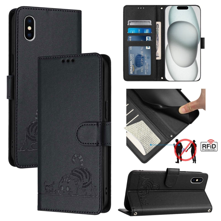 Estojo de Telefone em Couro com Padrão Relevo de Gato e Rato e RFID com Cordão, Para iPhone 13 mini, Para iPhone 12/12 Pro, Para iPhone 12 Pro Max, Para iPhone 12 mini, Para iPhone 11 Pro Max, Para iPhone 11, Para iPhone 11 Pro, Para iPhone XS / X
