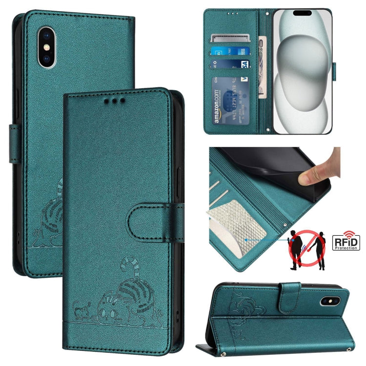 Estojo de Telefone em Couro com Padrão Relevo de Gato e Rato e RFID com Cordão, Para iPhone 13 mini, Para iPhone 12/12 Pro, Para iPhone 12 Pro Max, Para iPhone 12 mini, Para iPhone 11 Pro Max, Para iPhone 11, Para iPhone 11 Pro, Para iPhone XS / X