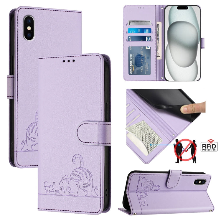 Estojo de Telefone em Couro com Padrão Relevo de Gato e Rato e RFID com Cordão, Para iPhone 13 mini, Para iPhone 12/12 Pro, Para iPhone 12 Pro Max, Para iPhone 12 mini, Para iPhone 11 Pro Max, Para iPhone 11, Para iPhone 11 Pro, Para iPhone XS / X