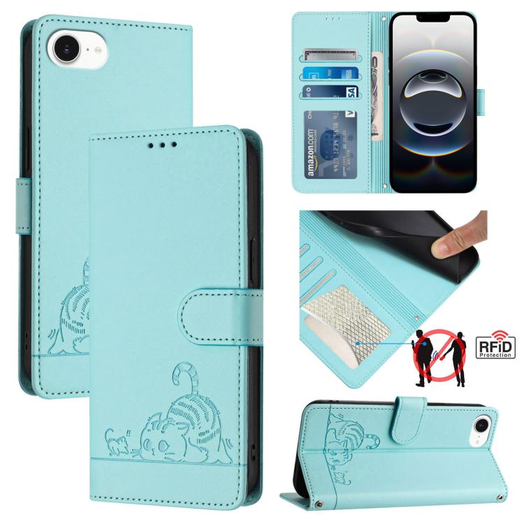 Capa de telemóvel em pele com padrão em relevo de gato e rato e RFID com cordão, para iPhone 17 Pro Max, para iPhone 17 Pro, para iPhone 17, para iPhone Air, para iPhone SE 2024, para iPhone 15 Pro Max, para iPhone 15 Pro, para iPhone 15 Plus