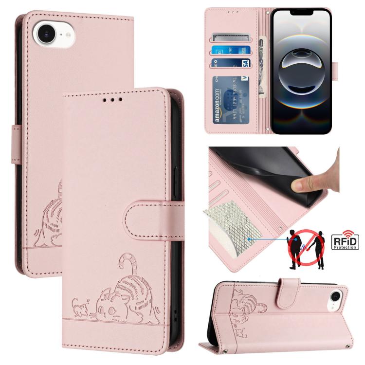 Capa de telemóvel em pele com padrão em relevo de gato e rato e RFID com cordão, para iPhone 17 Pro Max, para iPhone 17 Pro, para iPhone 17, para iPhone Air, para iPhone SE 2024, para iPhone 15 Pro Max, para iPhone 15 Pro, para iPhone 15 Plus