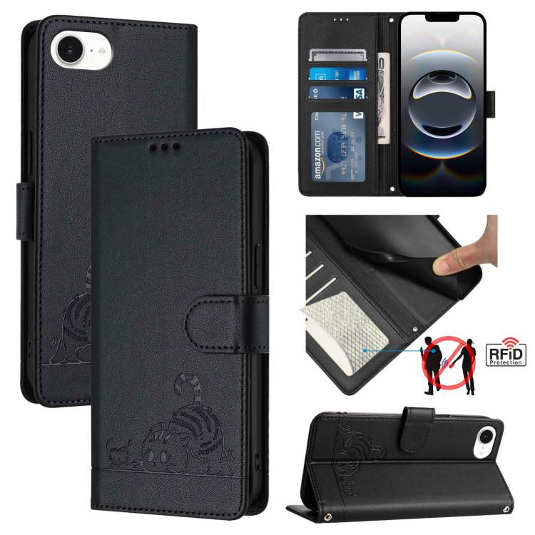 Capa de telemóvel em pele com padrão em relevo de gato e rato e RFID com cordão, para iPhone 17 Pro Max, para iPhone 17 Pro, para iPhone 17, para iPhone Air, para iPhone SE 2024, para iPhone 15 Pro Max, para iPhone 15 Pro, para iPhone 15 Plus