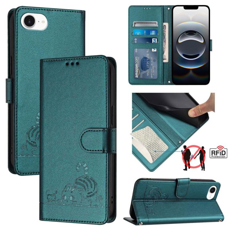 Capa de telemóvel em pele com padrão em relevo de gato e rato e RFID com cordão, para iPhone 17 Pro Max, para iPhone 17 Pro, para iPhone 17, para iPhone Air, para iPhone SE 2024, para iPhone 15 Pro Max, para iPhone 15 Pro, para iPhone 15 Plus