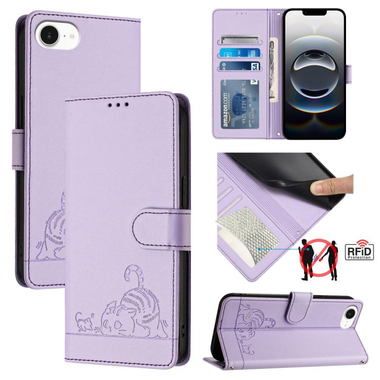 Capa de telemóvel em pele com padrão em relevo de gato e rato e RFID com cordão, para iPhone 17 Pro Max, para iPhone 17 Pro, para iPhone 17, para iPhone Air, para iPhone SE 2024, para iPhone 15 Pro Max, para iPhone 15 Pro, para iPhone 15 Plus