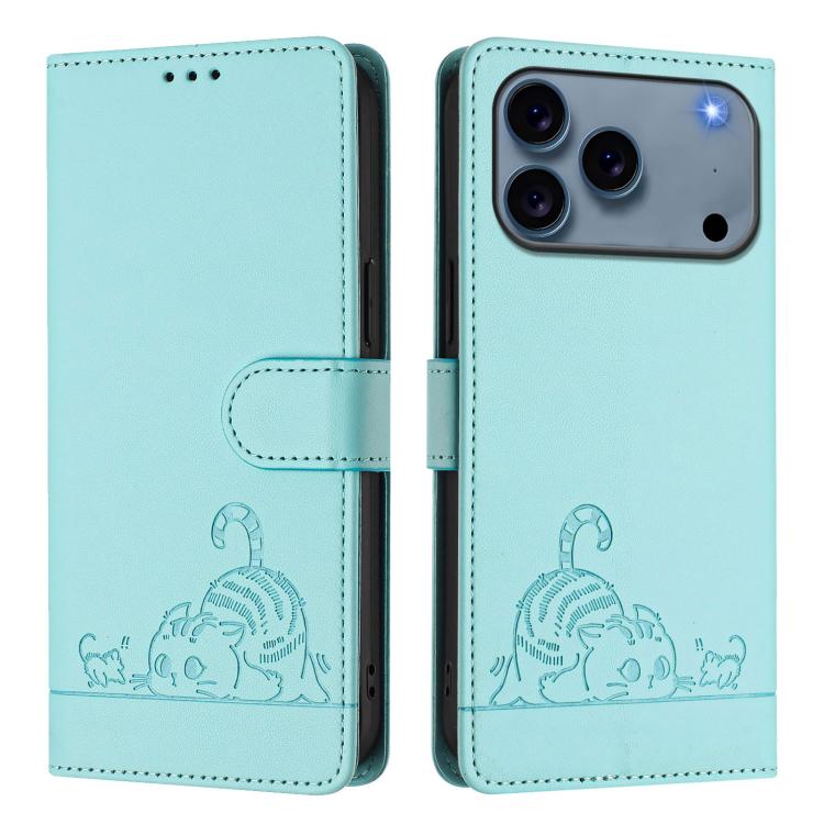 Capa de telemóvel em pele com padrão em relevo de gato e rato e RFID com cordão, para iPhone 17 Pro Max, para iPhone 17 Pro, para iPhone 17, para iPhone Air, para iPhone SE 2024, para iPhone 15 Pro Max, para iPhone 15 Pro, para iPhone 15 Plus