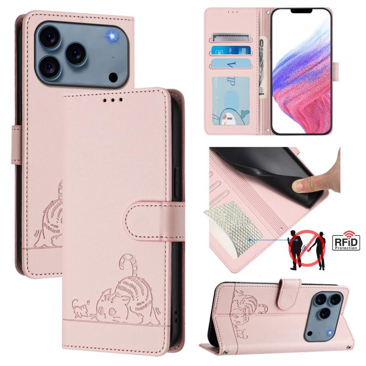 Capa de telemóvel em pele com padrão em relevo de gato e rato e RFID com cordão, para iPhone 17 Pro Max, para iPhone 17 Pro, para iPhone 17, para iPhone Air, para iPhone SE 2024, para iPhone 15 Pro Max, para iPhone 15 Pro, para iPhone 15 Plus