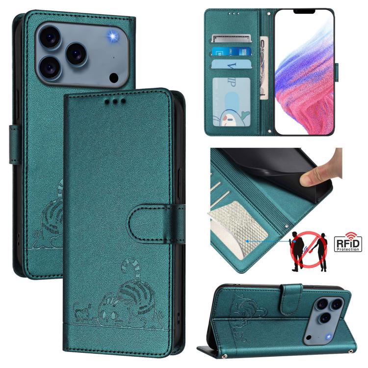 Capa de telemóvel em pele com padrão em relevo de gato e rato e RFID com cordão, para iPhone 17 Pro Max, para iPhone 17 Pro, para iPhone 17, para iPhone Air, para iPhone SE 2024, para iPhone 15 Pro Max, para iPhone 15 Pro, para iPhone 15 Plus