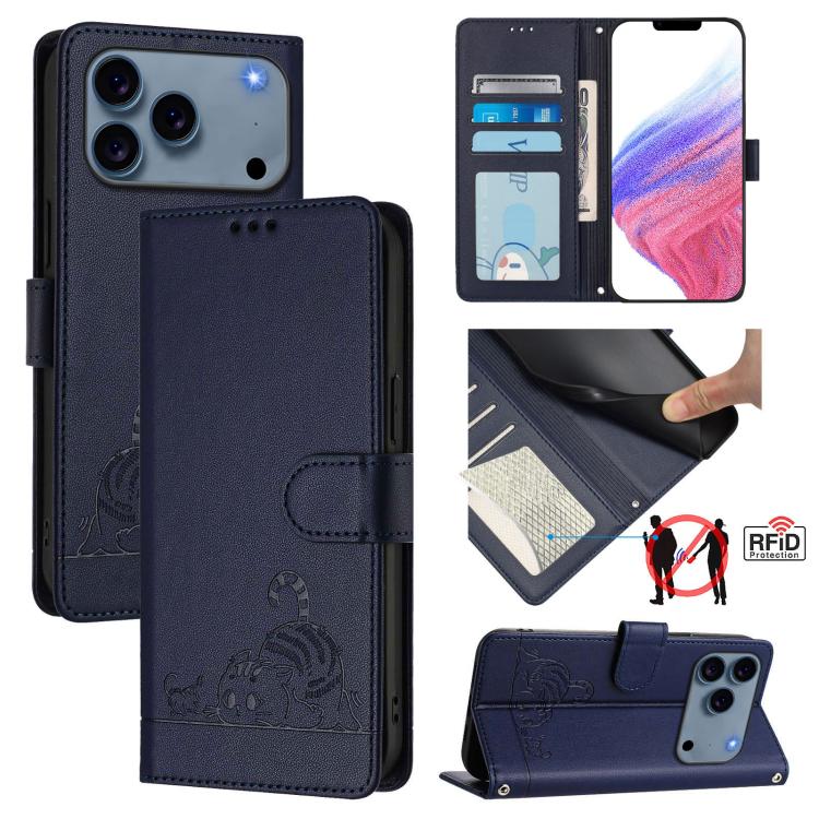 Capa de telemóvel em pele com padrão em relevo de gato e rato e RFID com cordão, para iPhone 17 Pro Max, para iPhone 17 Pro, para iPhone 17, para iPhone Air, para iPhone SE 2024, para iPhone 15 Pro Max, para iPhone 15 Pro, para iPhone 15 Plus