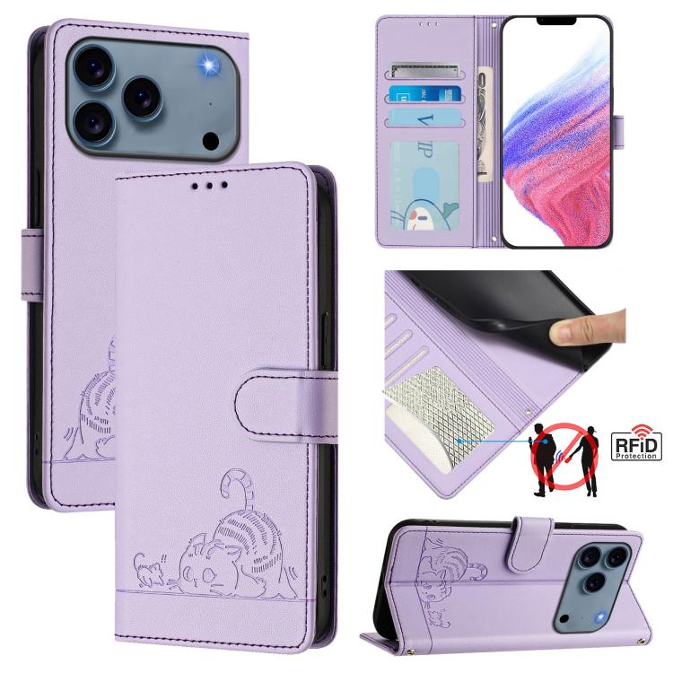 Capa de telemóvel em pele com padrão em relevo de gato e rato e RFID com cordão, para iPhone 17 Pro Max, para iPhone 17 Pro, para iPhone 17, para iPhone Air, para iPhone SE 2024, para iPhone 15 Pro Max, para iPhone 15 Pro, para iPhone 15 Plus