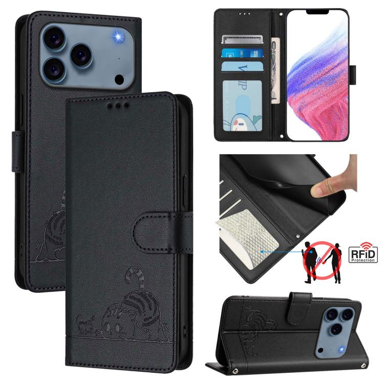 Capa de telemóvel em pele com padrão em relevo de gato e rato e RFID com cordão, para iPhone 17 Pro Max, para iPhone 17 Pro, para iPhone 17, para iPhone Air, para iPhone SE 2024, para iPhone 15 Pro Max, para iPhone 15 Pro, para iPhone 15 Plus