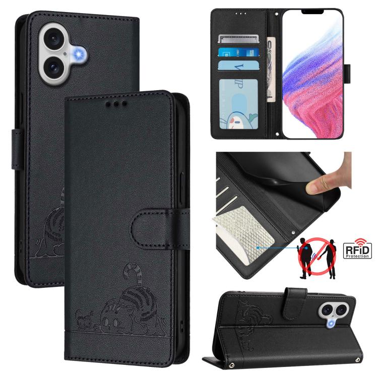 Capa de telemóvel em pele com padrão em relevo de gato e rato e RFID com cordão, para iPhone 17 Pro Max, para iPhone 17 Pro, para iPhone 17, para iPhone Air, para iPhone SE 2024, para iPhone 15 Pro Max, para iPhone 15 Pro, para iPhone 15 Plus
