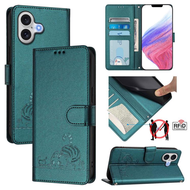 Capa de telemóvel em pele com padrão em relevo de gato e rato e RFID com cordão, para iPhone 17 Pro Max, para iPhone 17 Pro, para iPhone 17, para iPhone Air, para iPhone SE 2024, para iPhone 15 Pro Max, para iPhone 15 Pro, para iPhone 15 Plus