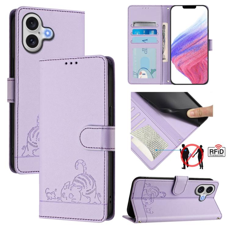 Capa de telemóvel em pele com padrão em relevo de gato e rato e RFID com cordão, para iPhone 17 Pro Max, para iPhone 17 Pro, para iPhone 17, para iPhone Air, para iPhone SE 2024, para iPhone 15 Pro Max, para iPhone 15 Pro, para iPhone 15 Plus