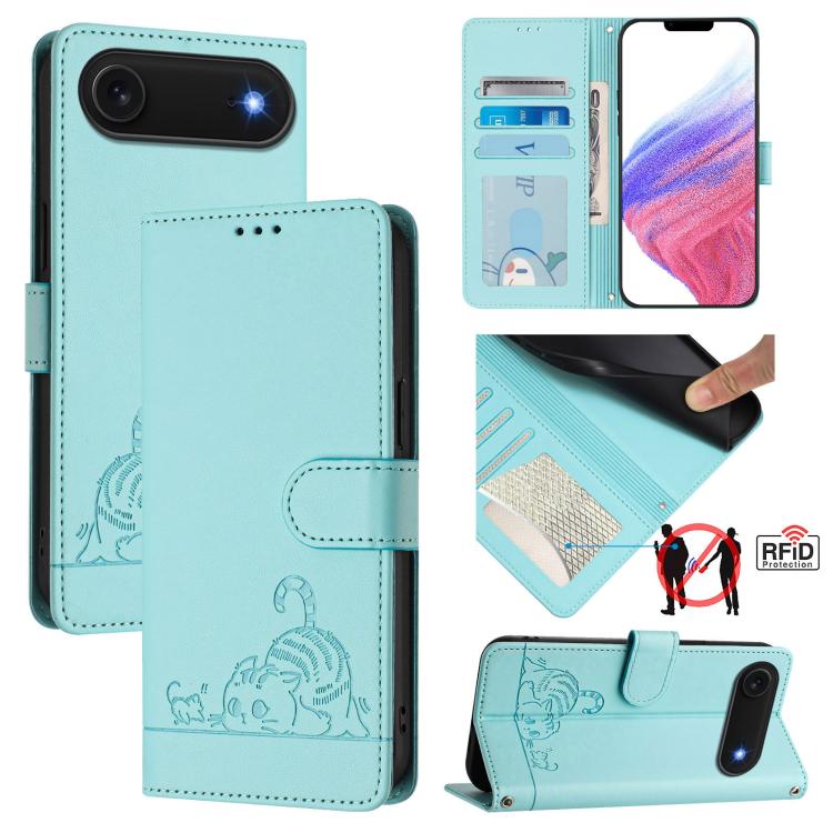 Capa de telemóvel em pele com padrão em relevo de gato e rato e RFID com cordão, para iPhone 17 Pro Max, para iPhone 17 Pro, para iPhone 17, para iPhone Air, para iPhone SE 2024, para iPhone 15 Pro Max, para iPhone 15 Pro, para iPhone 15 Plus