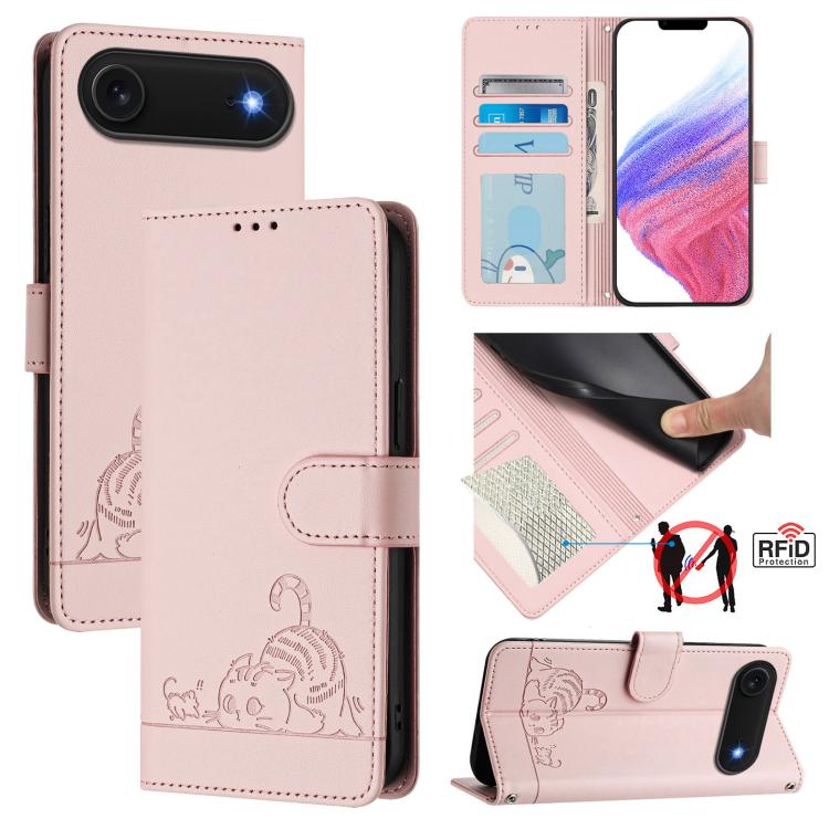 Capa de telemóvel em pele com padrão em relevo de gato e rato e RFID com cordão, para iPhone 17 Pro Max, para iPhone 17 Pro, para iPhone 17, para iPhone Air, para iPhone SE 2024, para iPhone 15 Pro Max, para iPhone 15 Pro, para iPhone 15 Plus