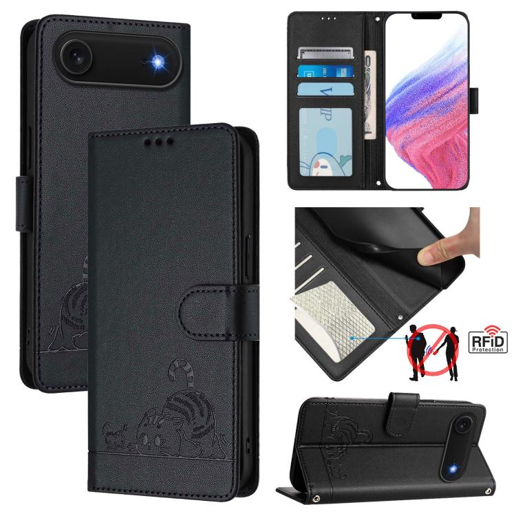 Capa de telemóvel em pele com padrão em relevo de gato e rato e RFID com cordão, para iPhone 17 Pro Max, para iPhone 17 Pro, para iPhone 17, para iPhone Air, para iPhone SE 2024, para iPhone 15 Pro Max, para iPhone 15 Pro, para iPhone 15 Plus