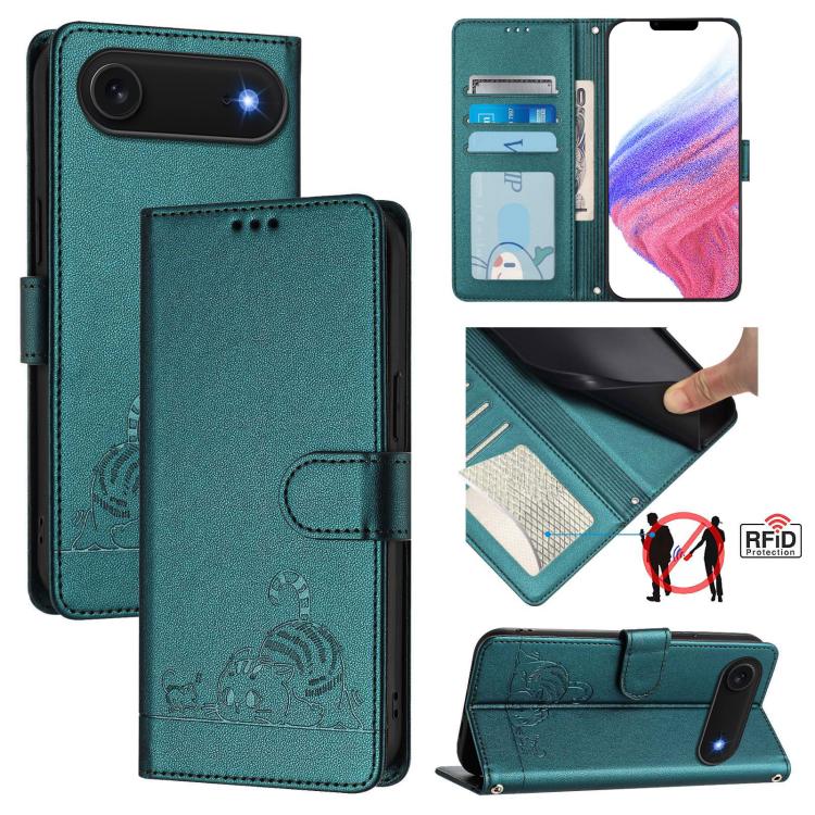 Capa de telemóvel em pele com padrão em relevo de gato e rato e RFID com cordão, para iPhone 17 Pro Max, para iPhone 17 Pro, para iPhone 17, para iPhone Air, para iPhone SE 2024, para iPhone 15 Pro Max, para iPhone 15 Pro, para iPhone 15 Plus