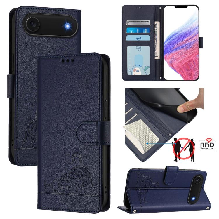 Capa de telemóvel em pele com padrão em relevo de gato e rato e RFID com cordão, para iPhone 17 Pro Max, para iPhone 17 Pro, para iPhone 17, para iPhone Air, para iPhone SE 2024, para iPhone 15 Pro Max, para iPhone 15 Pro, para iPhone 15 Plus