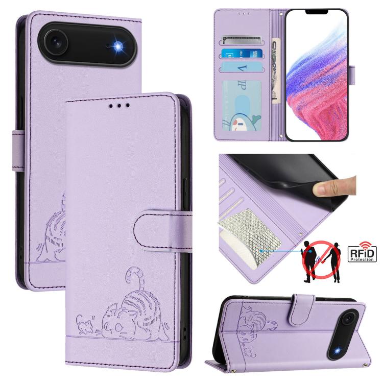 Capa de telemóvel em pele com padrão em relevo de gato e rato e RFID com cordão, para iPhone 17 Pro Max, para iPhone 17 Pro, para iPhone 17, para iPhone Air, para iPhone SE 2024, para iPhone 15 Pro Max, para iPhone 15 Pro, para iPhone 15 Plus