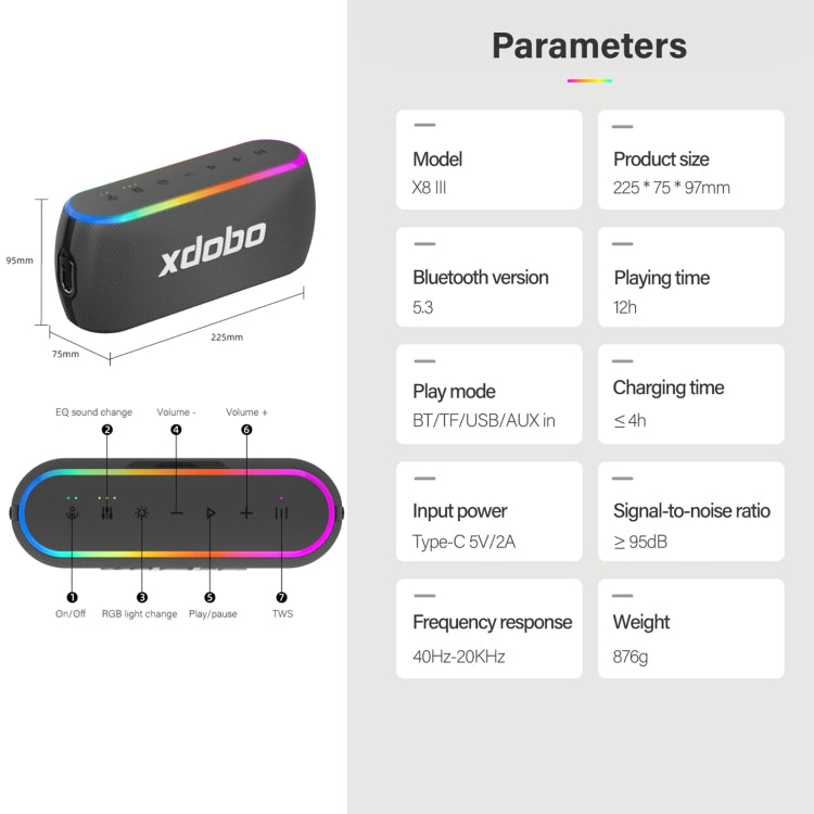 Coluna Sem Fios Xdobo X8 III BT5.3 IPX7 com Luz RGB, Suporta Bluetooth/Cartão TF/USB/AUX, X8 III