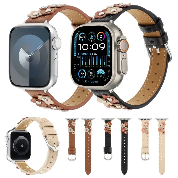 Stitched Flower Leather Watch Band, For Apple Watch SE 2023 44mm, For Apple Watch SE 2023 40mm, For Apple Watch Ultra 2 49mm, For Apple Watch Series 9 45mm, For Apple Watch Series 9 41mm, For Apple Watch Ultra 49mm, For Apple Watch Series 8 41mm       ...
