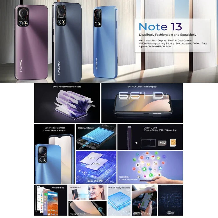 HOTWAV Note 13, Identificação lateral por impressão digital, 6,6 polegadas Android 13 T606 Octa Core até 1,6GHz, Rede: 4G, OTG, 4GB+128GB